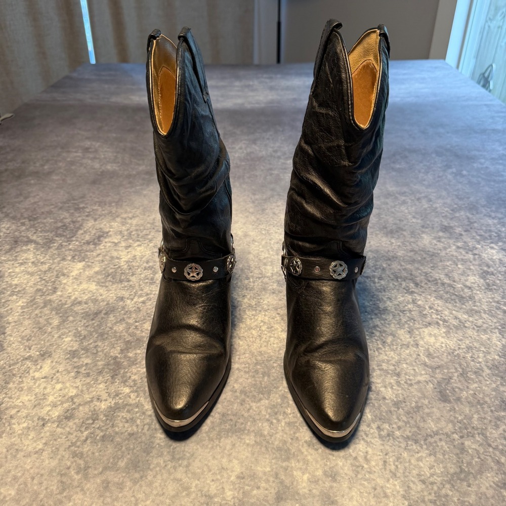 Dingo Olivia DI 522 Black Leather Slouch Cowboy Boots Star Harness Cowgirl Mens